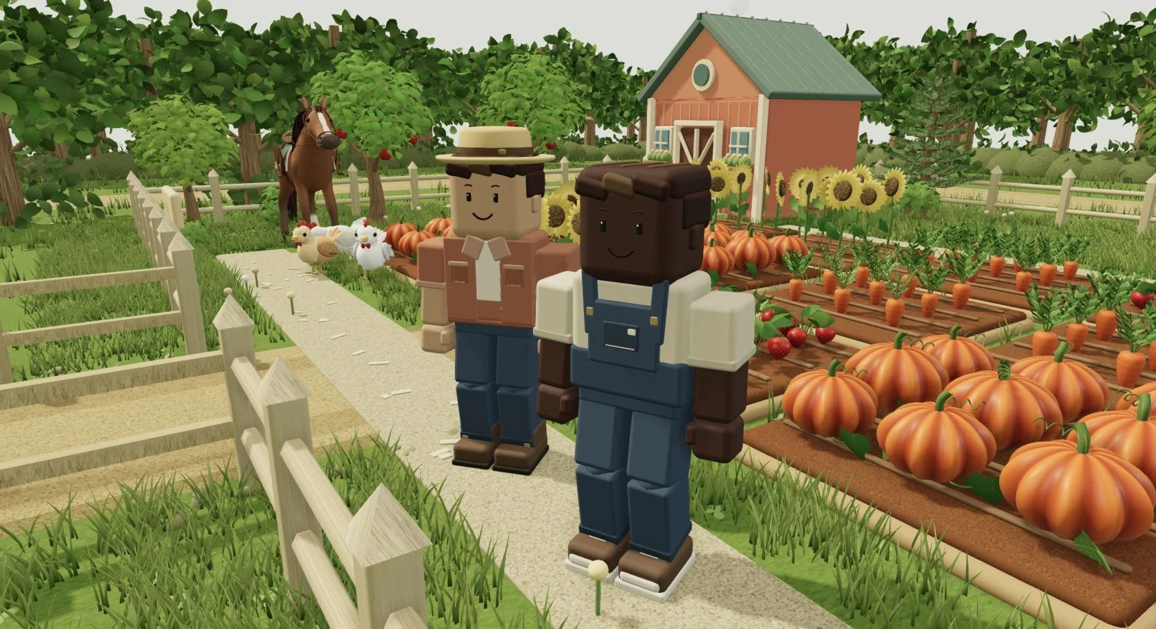 Dois personagens de Farmmo juntos em um caminho da fazenda.