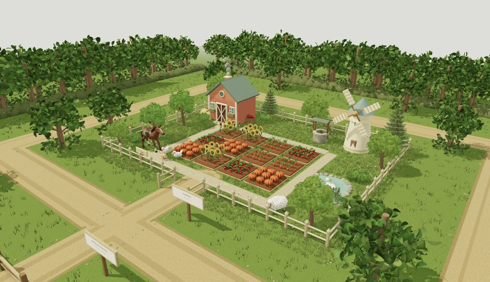 Fazenda em 3D cercada por árvores, com plantações, moinho, lago e animais.